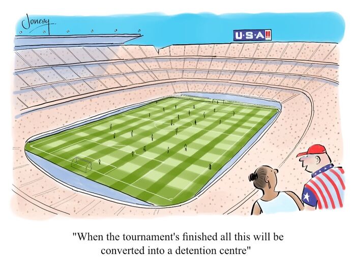 A Jonesy cartoon showing a large stadium with a small soccer game, reflecting the absurdities of everyday life.