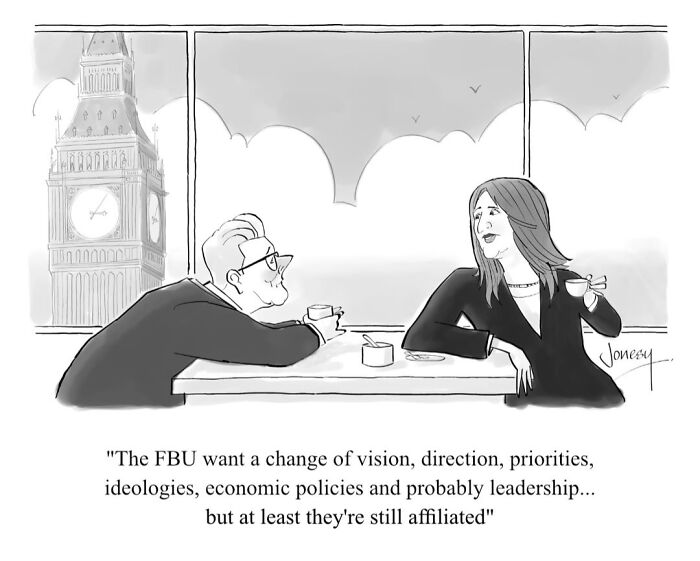 A Jonesy cartoon of two people discussing politics with Big Ben in the background, showcasing the absurdities of everyday life.