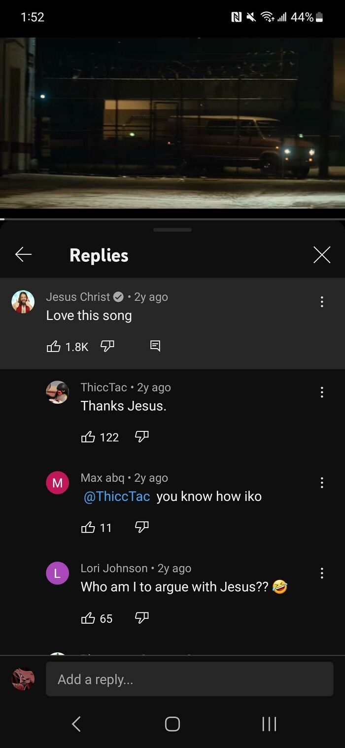 People finding gold in YouTube comment section, replies to a comment by a user named Jesus Christ.