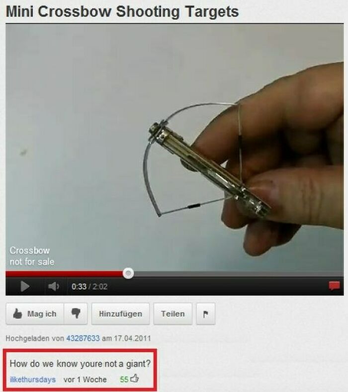 People finding gold in YouTube comment section, a comment questions the scale of a mini crossbow.