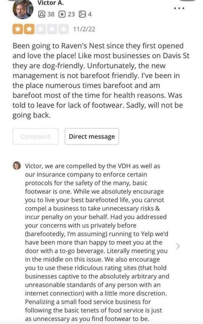 A customer's review about a barefoot policy and the owner's detailed response about health regulations. Forever traumatized customers.