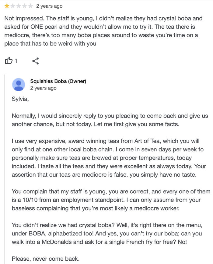 A screenshot showing a customer's review about boba tea and the business owner's lengthy reply, needing a reality check.