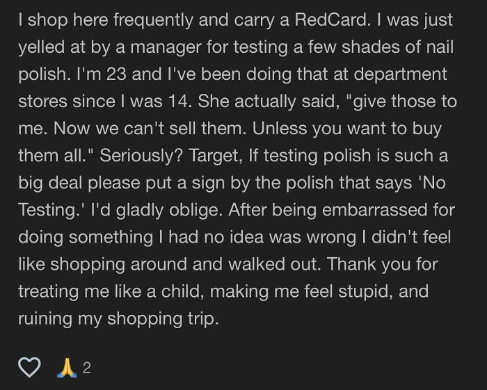 A screenshot showing a customer's review about a manager's reaction to testing nail polish, needing a reality check.