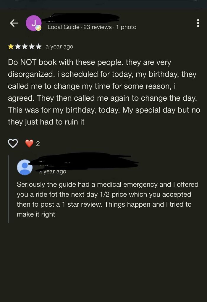 A screenshot showing a customer's review about a booking being traumatizingly disorganized and the business's reply.