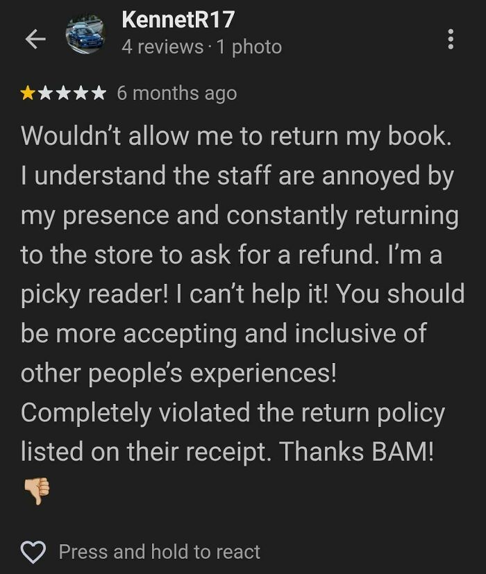 Customer review of a bookstore not allowing a book return, a reality check for customer's pickiness.