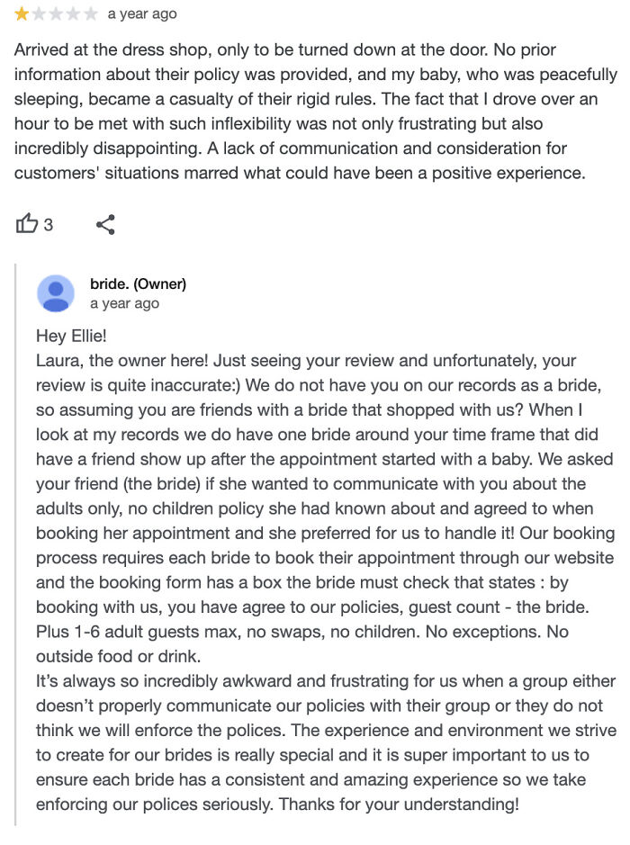 Customer review from a dress shop where a bride was denied entry with a baby, highlighting a reality check.