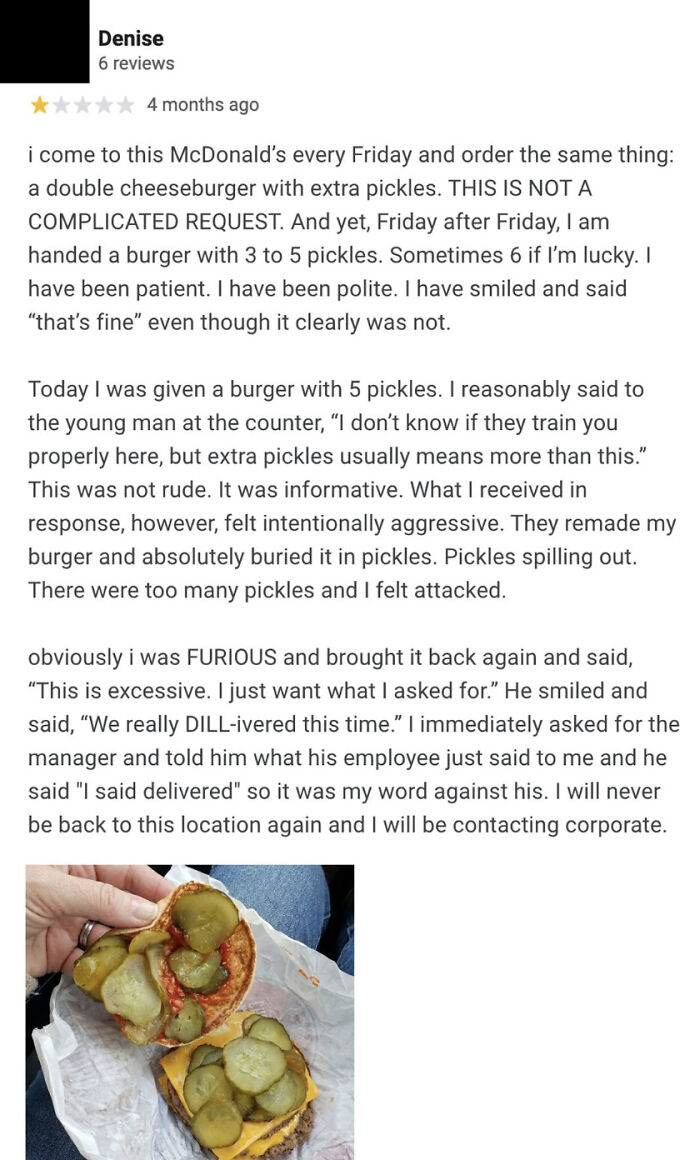 Customer review complaining about excessive pickles on a McDonald's burger, a clear reality check for customer demands.