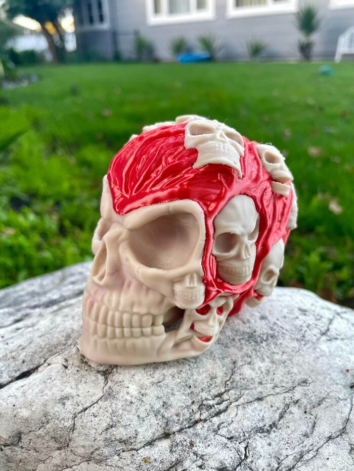 An intricately designed skull with smaller skulls integrated into its red brain, a brilliant piece made with 3D printers.