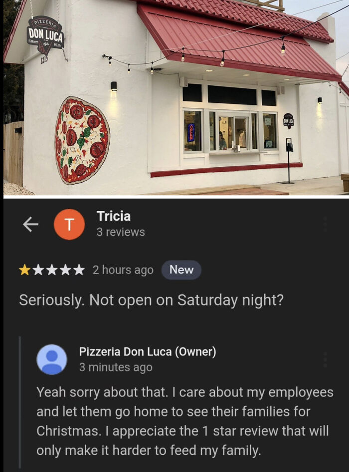 Customer review about a pizzeria closed on Christmas Eve, showing a reality check for customer expectations.
