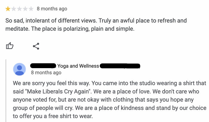 A customer review for a yoga studio with a response, highlighting customers who clearly need a reality check.