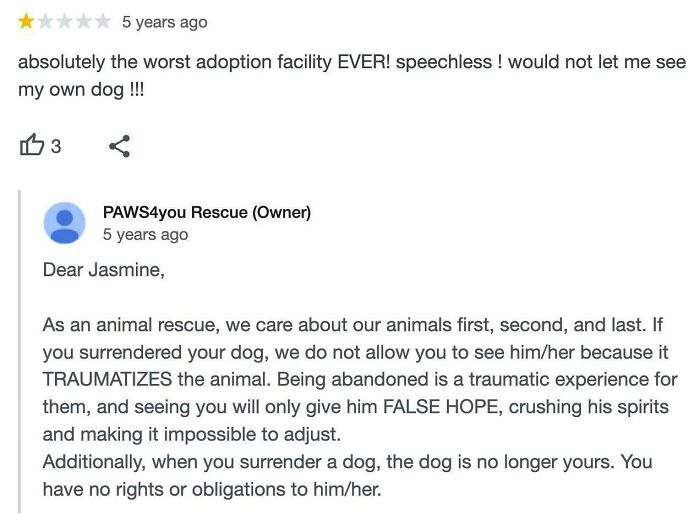 A customer review for an adoption facility with a response, showing customers who clearly need a reality check.