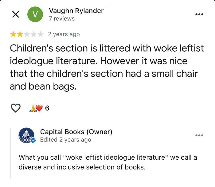 A customer review for a bookstore, expressing a strong opinion about 'woke leftist ideologue literature' in the children's section.
