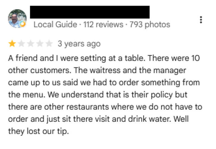 A customer review from patrons who were traumatized after being asked to order food at a restaurant instead of just drinking water.