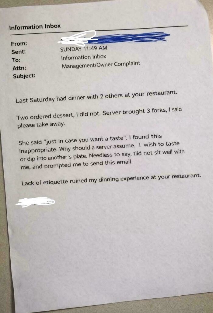 An email from a customer complaining about a server's etiquette at a restaurant, describing a traumatizing dining experience.
