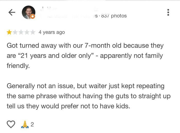 A customer review detailing a traumatizing experience of being turned away from a restaurant due to their 7-month-old child.