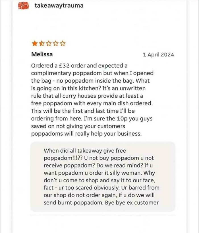 A screenshot of a customer review and a restaurant's savage reply, highlighting a customer's need for a reality check.