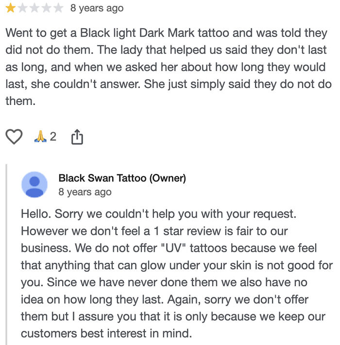 A customer review for a tattoo shop, displaying their experience and the owner's response about UV tattoos for traumatized customers.