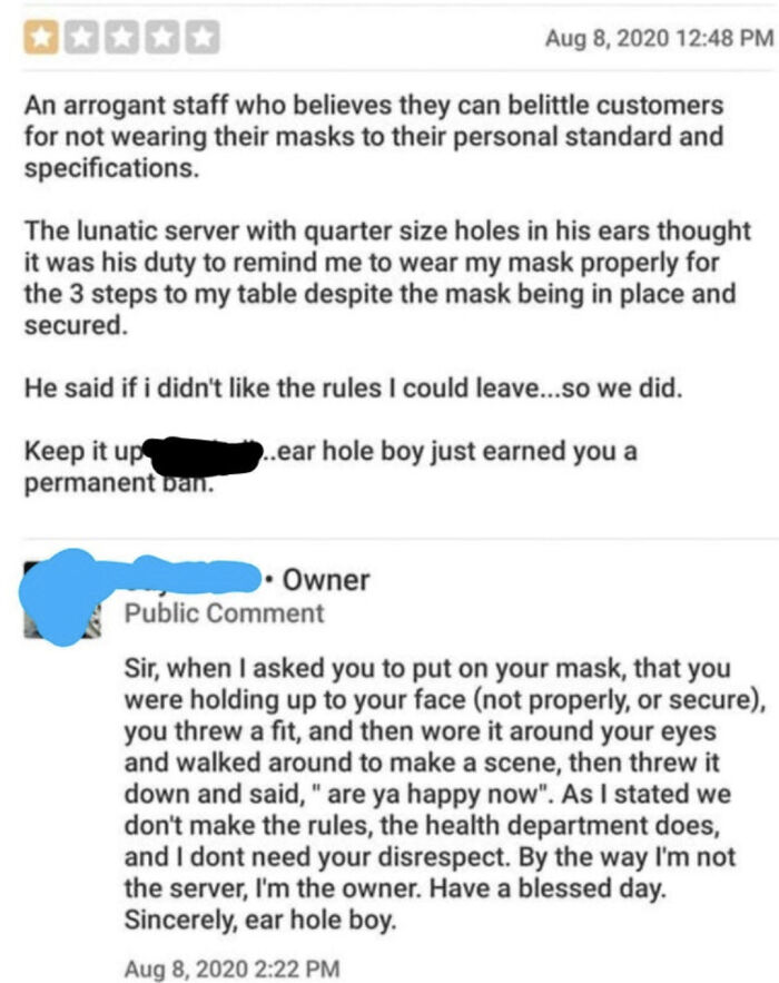 A customer review complaining about mask policies and staff behavior, with an owner's detailed response. This review reflects customers who need a reality check.