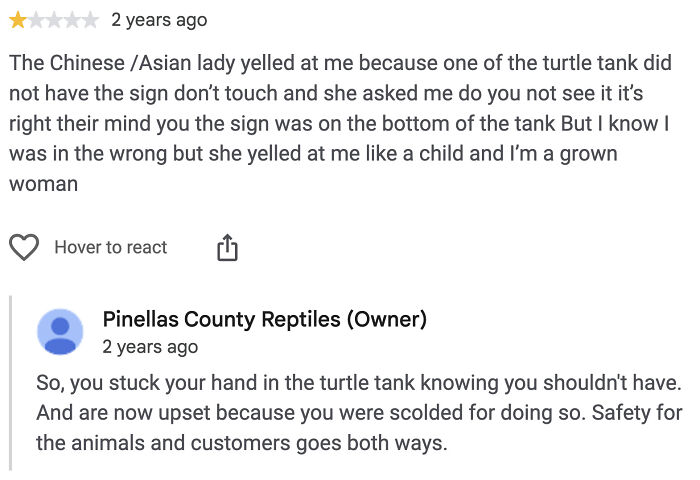 A customer review for a reptile store, complaining about being yelled at after touching a turtle tank. This review shows customers who need a reality check.