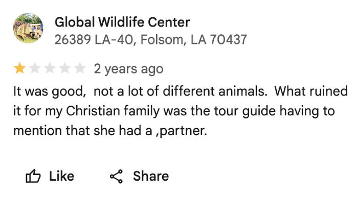 A customer review for Global Wildlife Center expressing disappointment that the tour guide mentioned having a partner, needing a reality check.