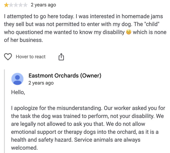 A customer review for Eastmont Orchards complaining about not being allowed to bring a dog, with the owner's reality check reply about service animals.