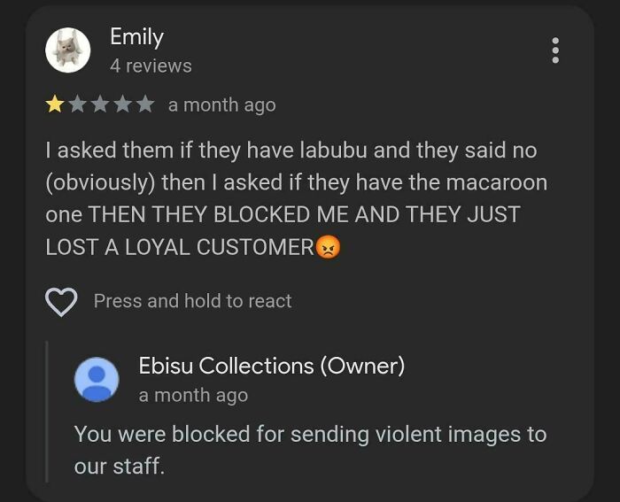 A customer review from Emily, who was blocked by a store for sending violent images, with an owner's reply clarifying the reason for the block, needing a reality check.