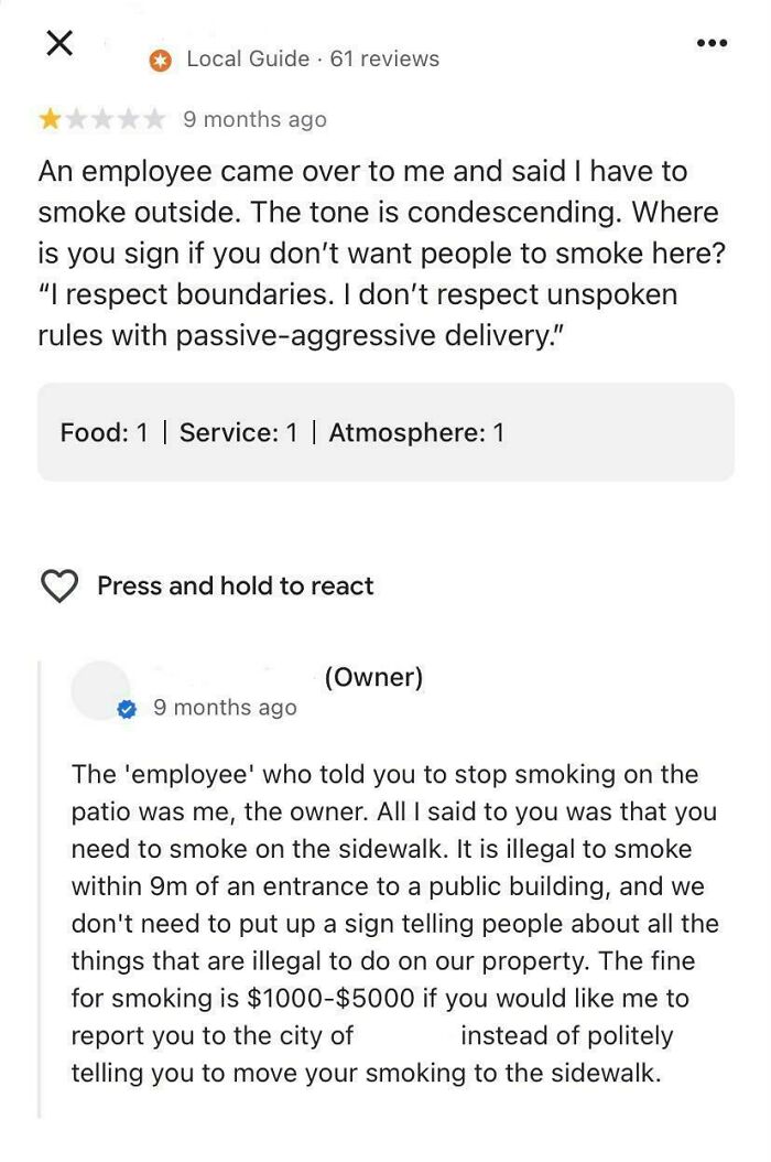 A customer review for a restaurant, complaining about being asked not to smoke on the patio, with an owner's reply correcting the customer's reality check about rules.