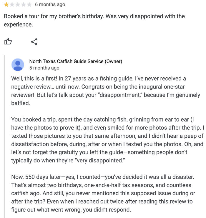 A customer review for North Texas Catfish Guide Service, with the owner's detailed response about the trip.