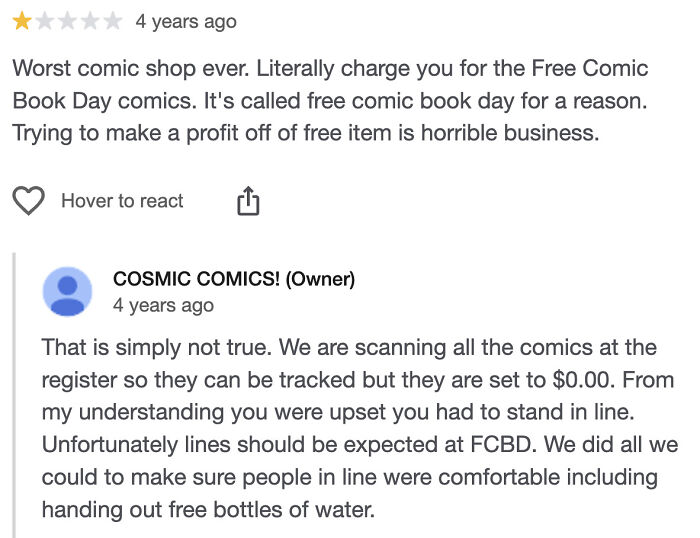 A customer review for Cosmic Comics about charging for Free Comic Book Day, with the owner's response.