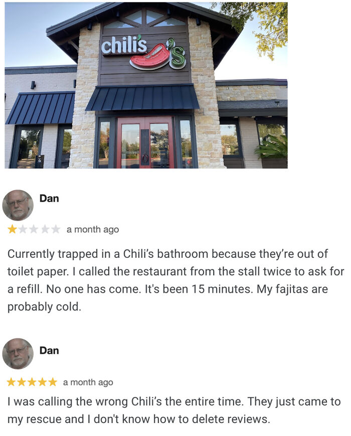 A customer review for Chili's restaurant with a complaint about missing toilet paper.