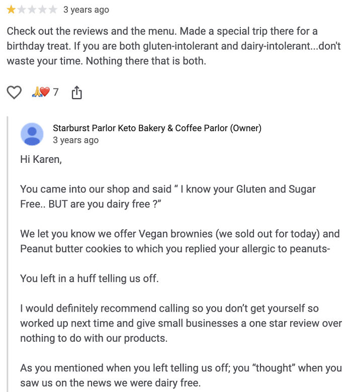 A customer review for a bakery, where the owner responds to the customer's claims about dietary restrictions, part of customers needing a reality check.