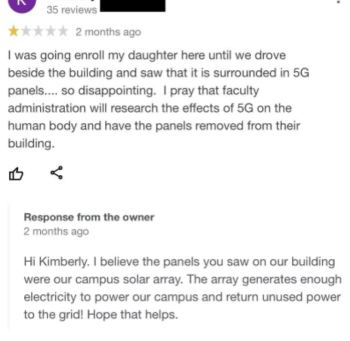 A customer review worried about 5G panels on a building, with an owner's clarifying response; an example of customers needing a reality check.