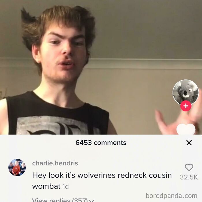 A screenshot from a social media video showing a man with an unusual haircut, accompanied by a funny YouTube comment.