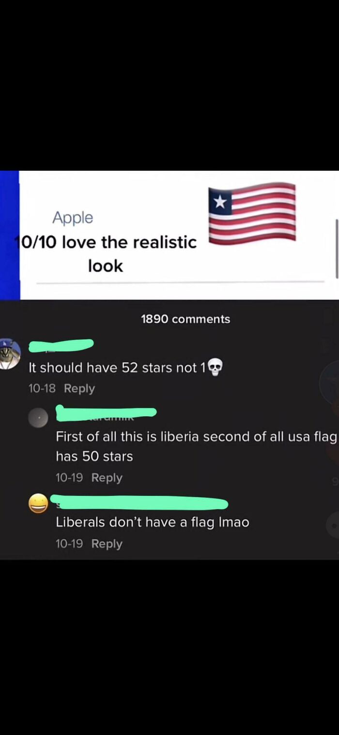A cringy fail comment about the Liberian flag, mistakenly thinking it's the USA flag and critiquing its stars.