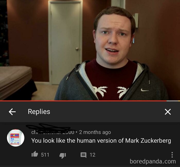 A screenshot of a YouTube video and a comment comparing the person to Mark Zuckerberg, illustrating entertaining YouTube comment section moments.