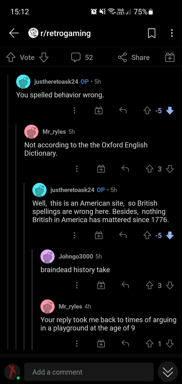 A Reddit thread discussing spelling differences between US and UK English, escalating into a cringy fail.