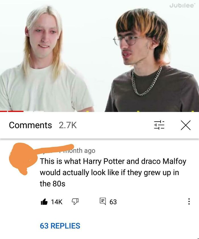 People finding gold in YouTube comment section: A comment comparing two men to Harry Potter and Draco Malfoy in the 80s.
