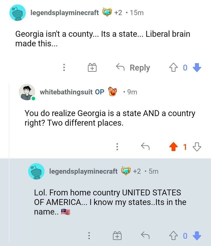 A Reddit conversation where a user claims Georgia isn't a country, a cringy fail about geography.