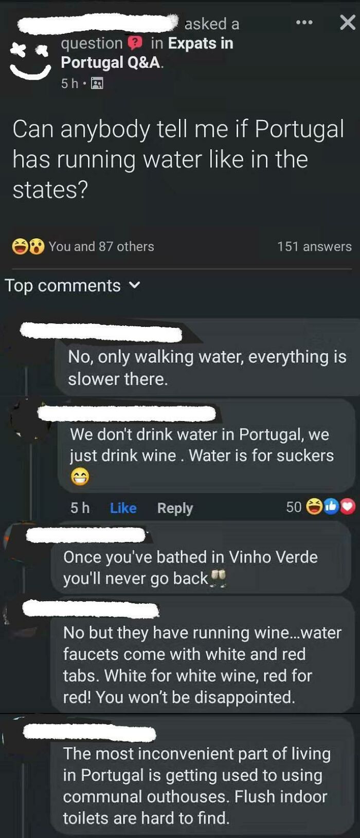 A Facebook Q&A about running water in Portugal, with cringy fail replies suggesting wine instead of water.
