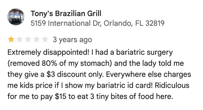 A customer review for Tony's Brazilian Grill, complaining about a bariatric surgery discount, one of 65 reviews.