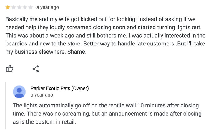A customer review for Parker Exotic Pets, complaining about being kicked out, part of 65 reviews needing a reality check.