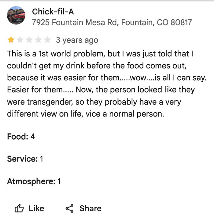A customer review for Chick-fil-A, complaining about drink order and a perceived transgender employee, part of 65 reviews.