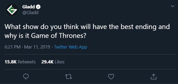 A screenshot of a tweet by Gladd asking about the best ending for a show, mentioning Game of Thrones, a cringy fail.