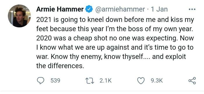 A cringy fail with Armie Hammer's tweet about 2021, showcasing content better left unposted.