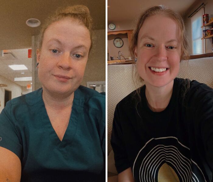 A woman showing a breakup transformation, from a serious expression in a teal scrub top to a smiling face in a black t-shirt.