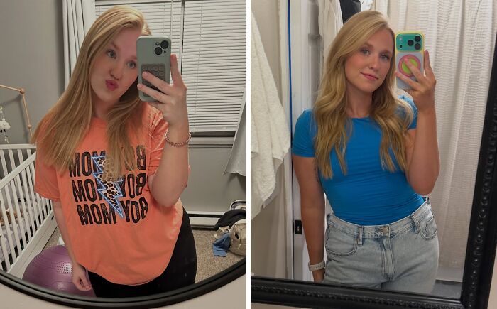 A woman's breakup transformation shows a happier appearance. On the left, she is making a funny face. On the right, she is smiling in a blue shirt, taking a mirror selfie.