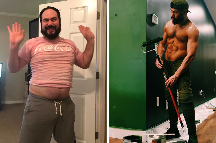 A man's breakup transformation shows a change in his physique. On the left, he is heavier. On the right, he is shirtless, showing his toned body while painting a green wall.