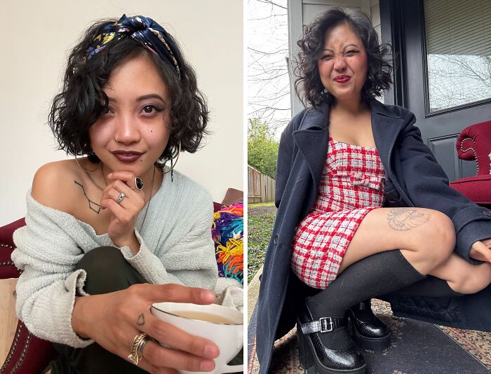 A woman's breakup transformation shows her embracing a new style. On the left, she is wearing a headband with a cup of tea. On the right, she is outside in a red plaid dress.