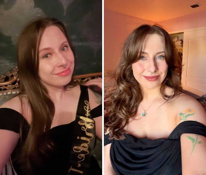 A young woman's breakup transformation shows a positive change. On the left, she is in a dark room. On the right, she is in a brightly lit room with a flower tattoo on her arm.