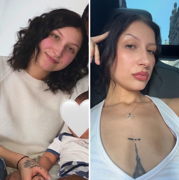 A woman's breakup transformation, from natural appearance with a baby to a confident solo selfie, showing peace.